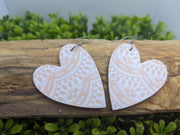 Pink & White Lace Patterned Wood Heart Dangle Earrings